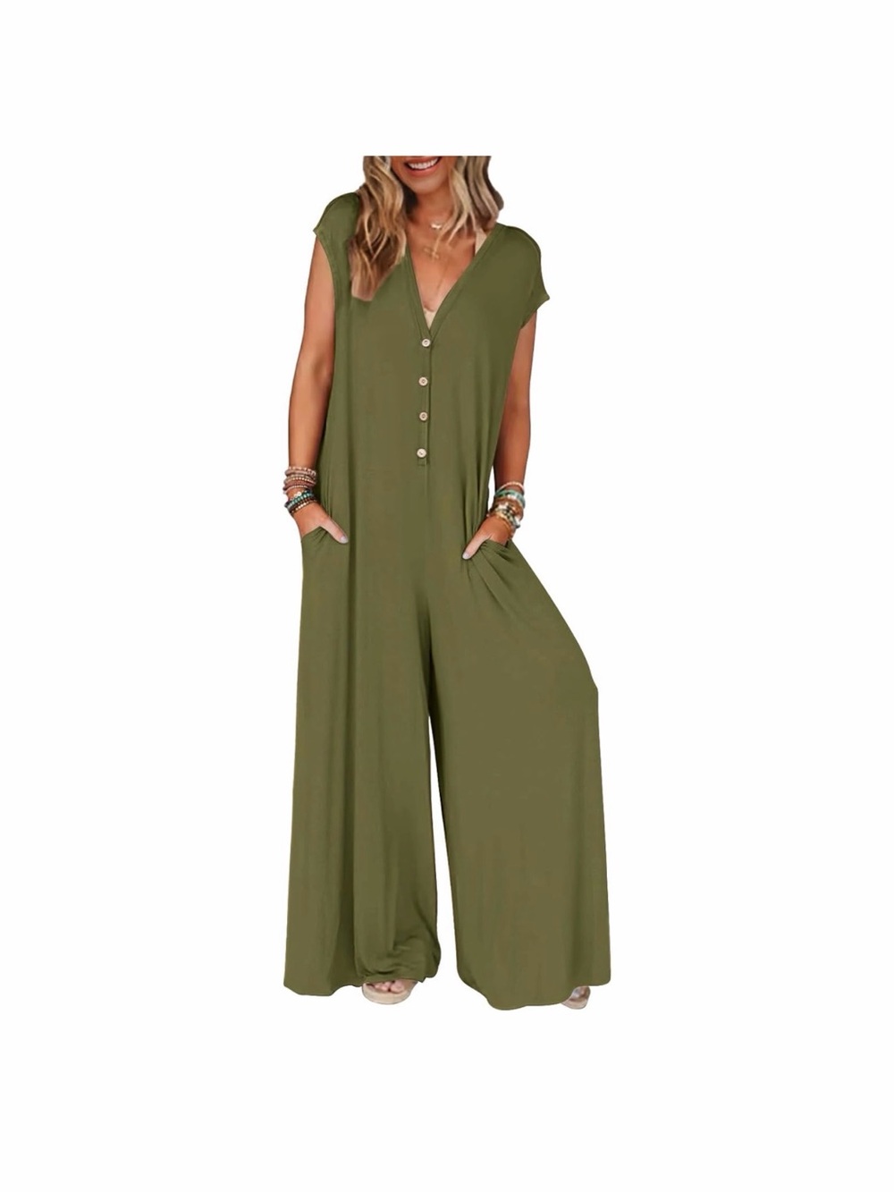 Olive Green V-Neck Wide-Leg Jumpsuit